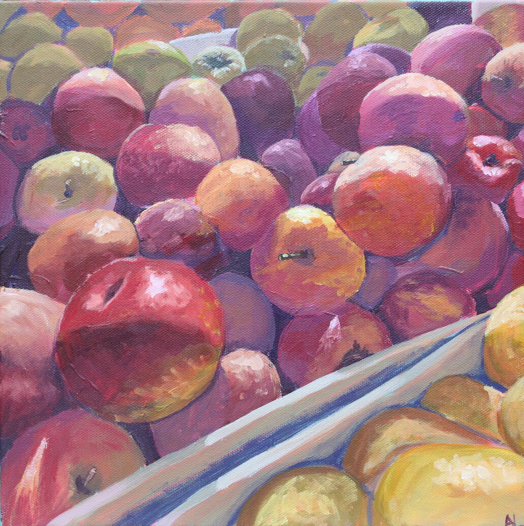 Painting of red and green apples in morning sunlight