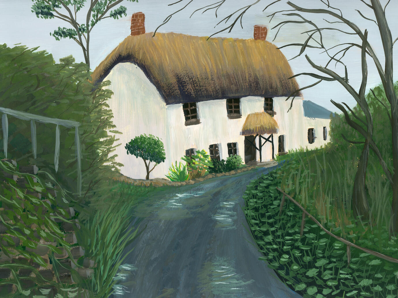 Cloudy Cottage, 2022, gouache on paper