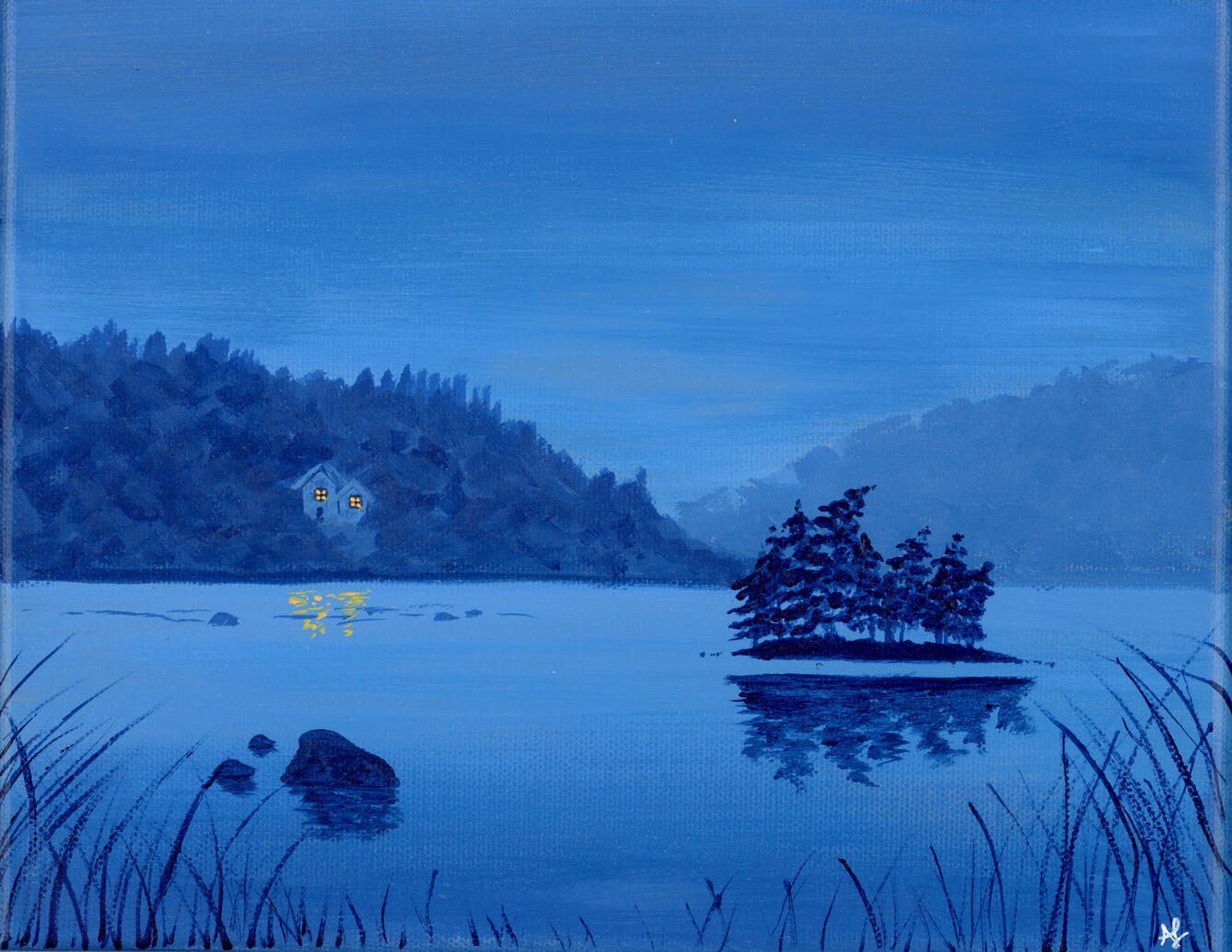 Monochromatic blue painting of a lake and a cabin at twilight