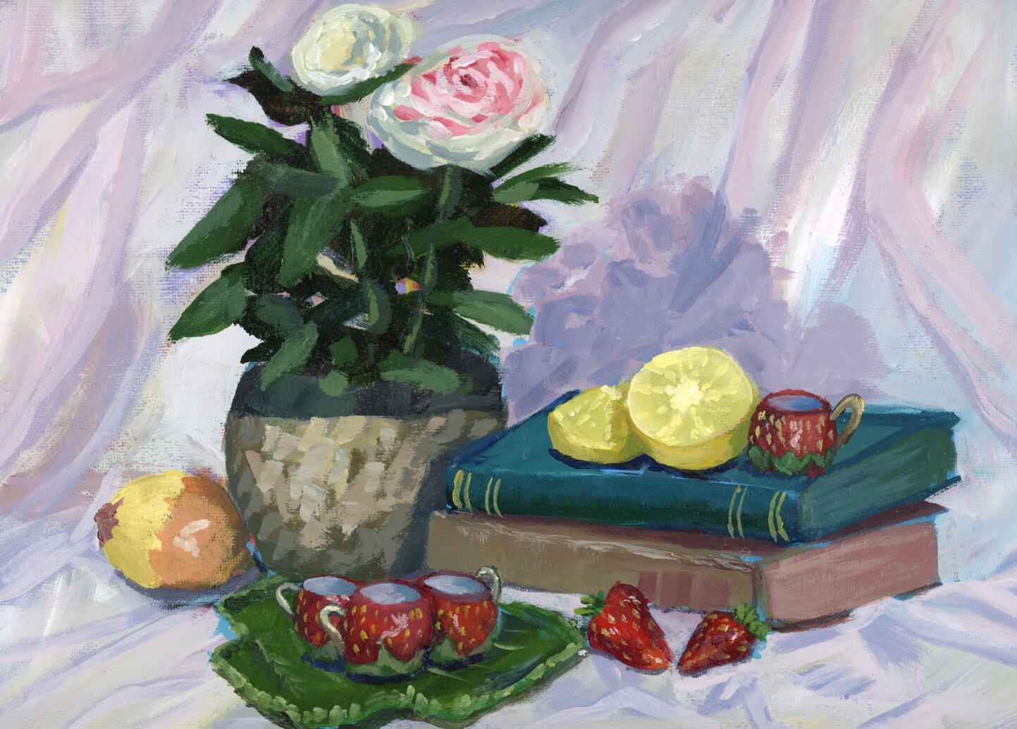 Still life with white roses, a small set of strawberry teacups, antique books, a lemon, and an onion