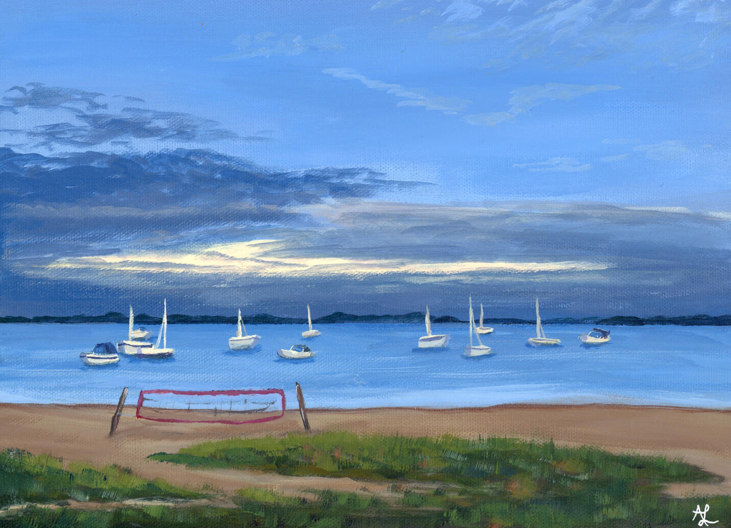 Sailboats in a harbor at sunset