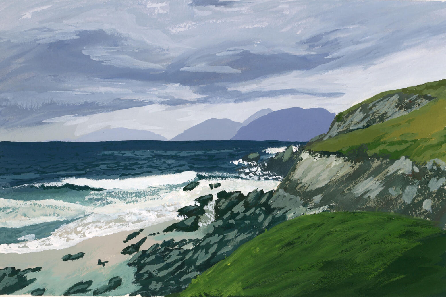 A rocky beach on the coast of Ireland with an overcast sky