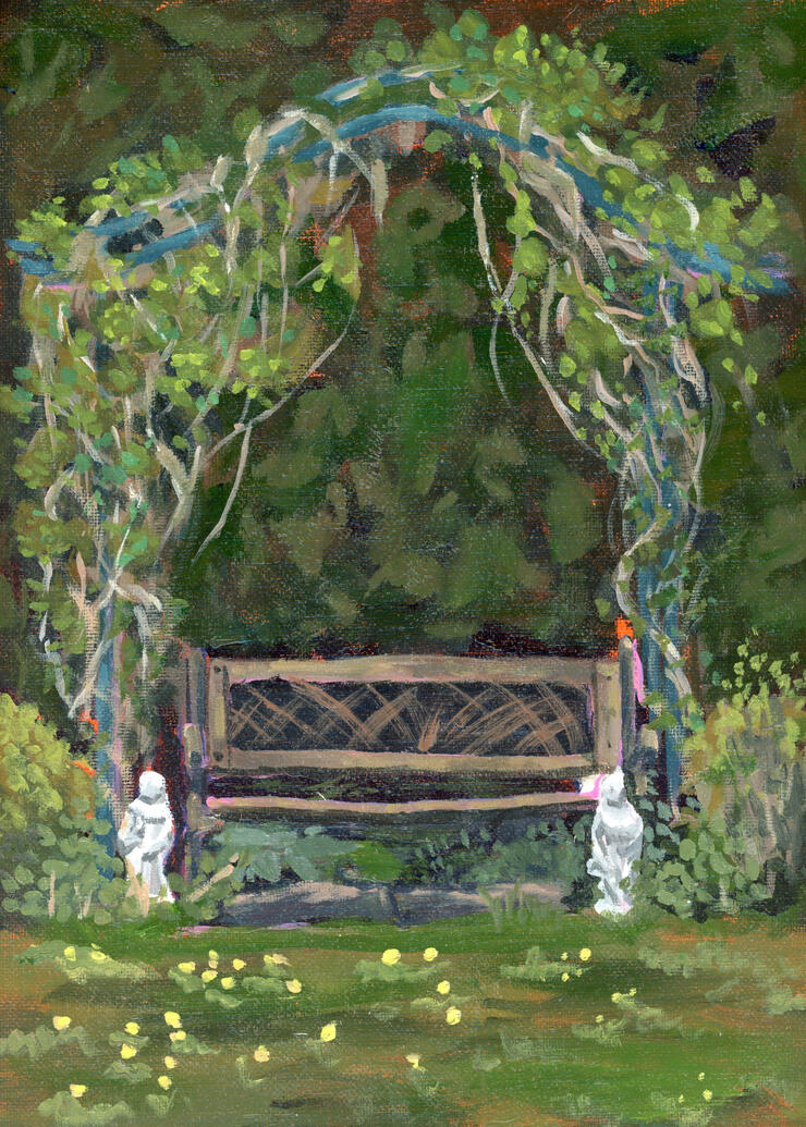 Plein air painting of a bench underneath a canopy of vines with two small white statues